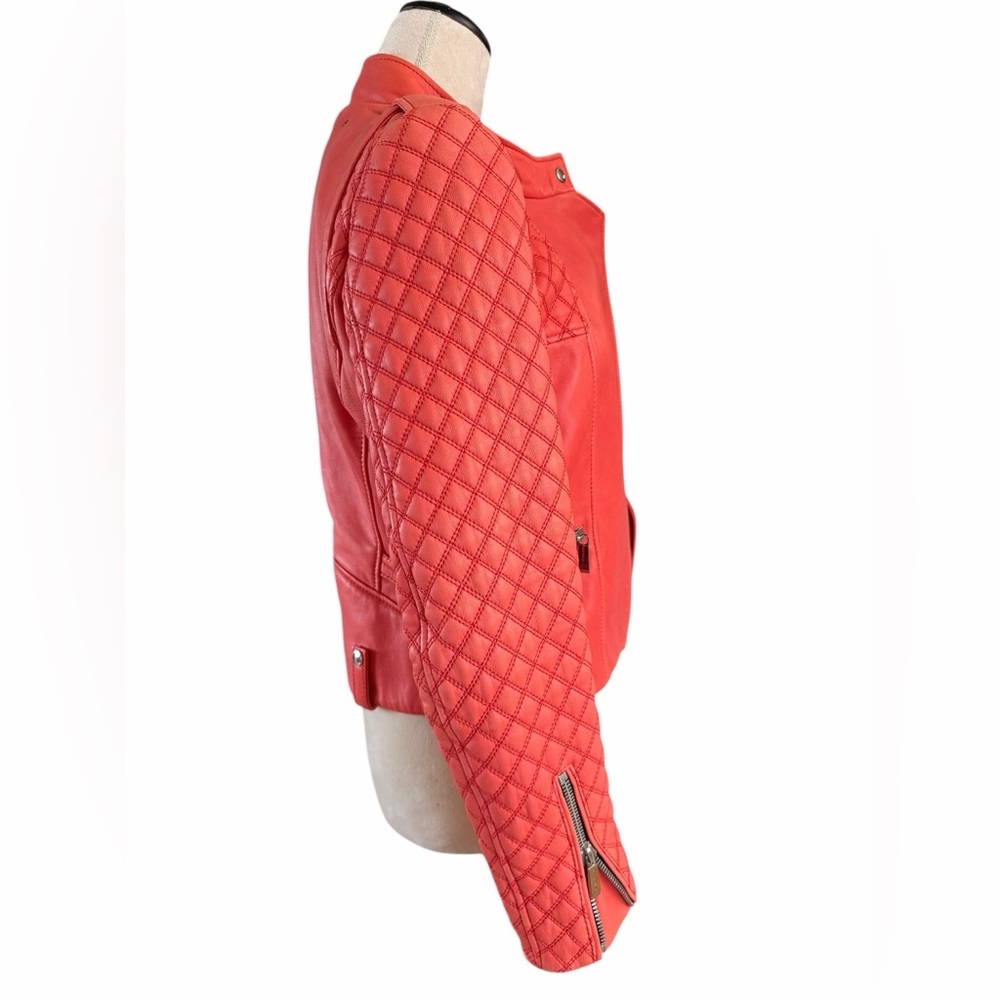 Barbara Bui RARE Coral Lambskin Leather Quilted Sleeves Moto Jacket - Picture 5 of 12